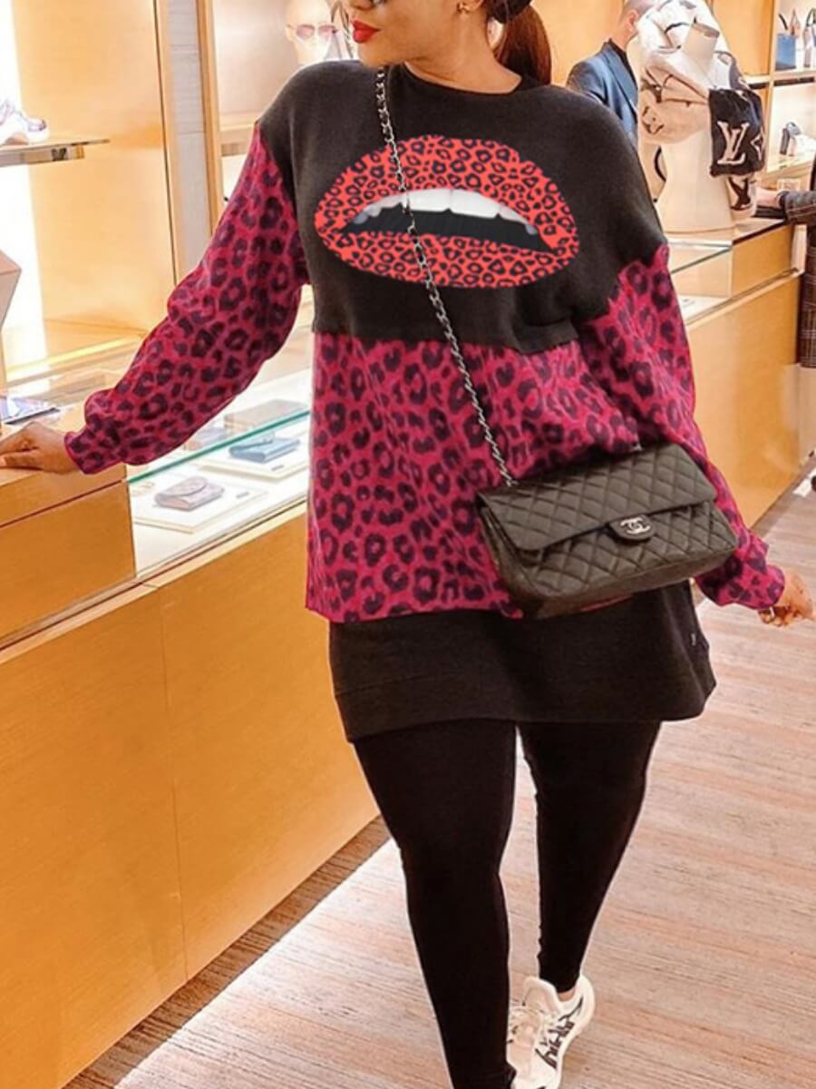 

Lovely Casual Lip Leopard Print Black Plus Size Hoodie