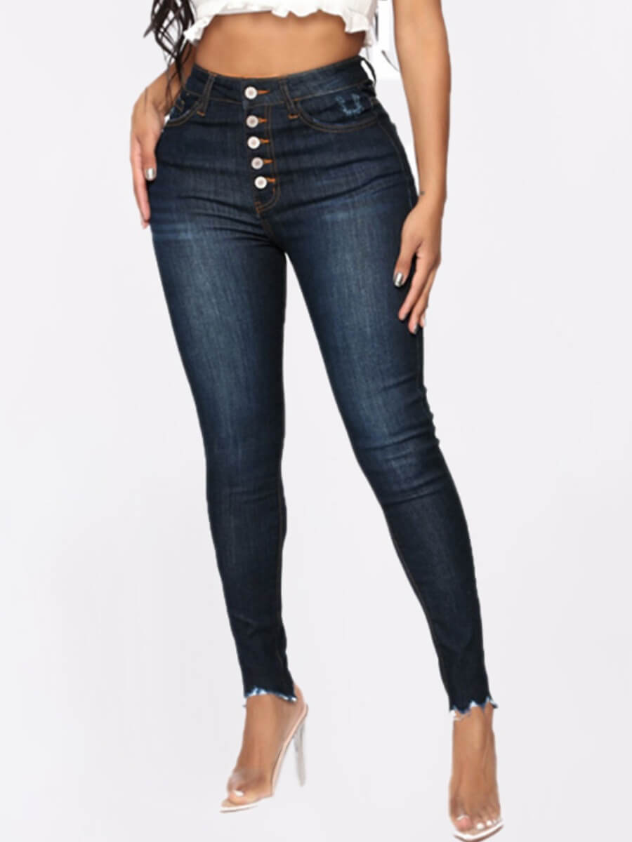 

Lovely Chic Raw Edge Button Design Deep Blue Jeans