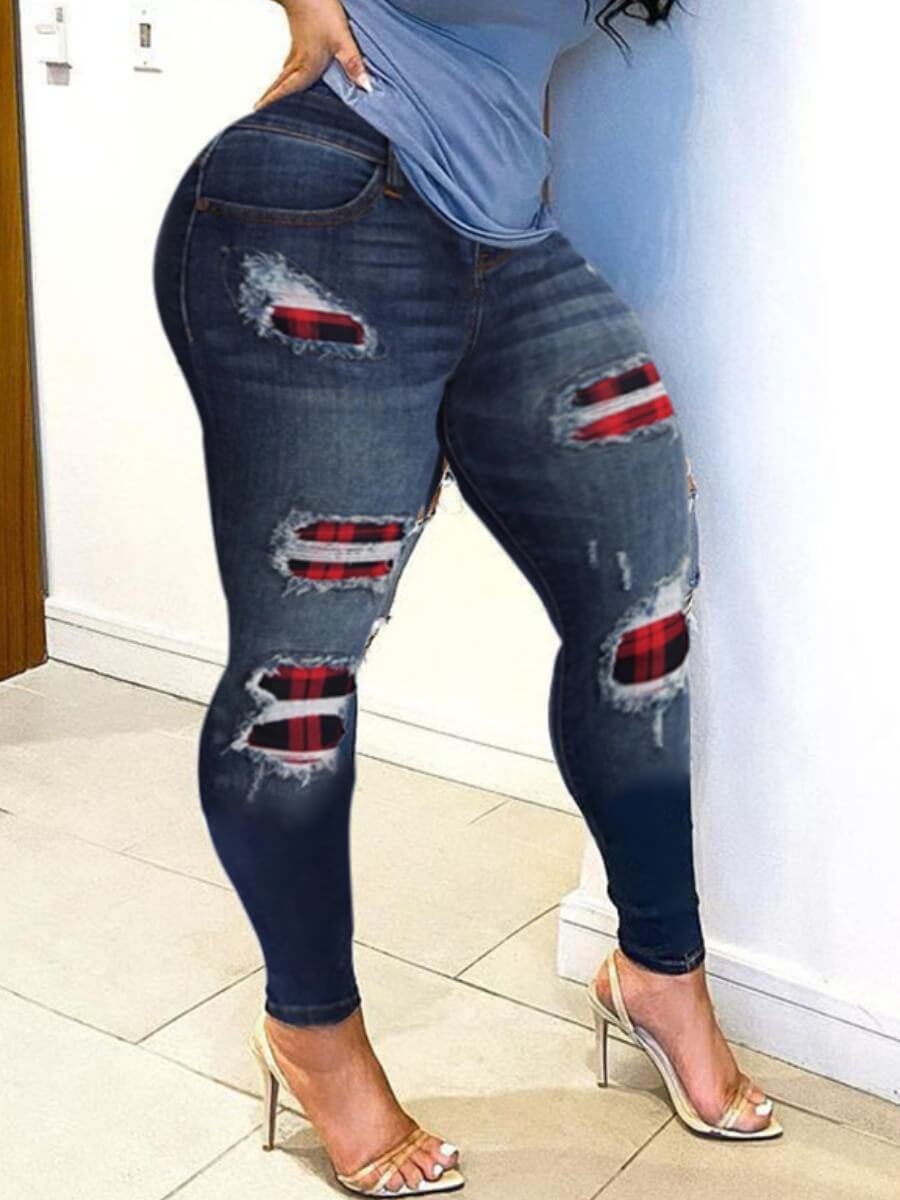 Lovely Trendy Plaid Print Patchwork Deep Blue Jeans