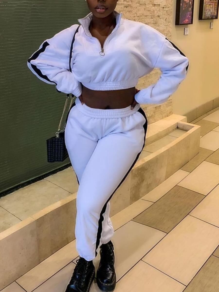 

Lovely Sportswear Mandarin Collar Patchwork White Two Piece Pants Set