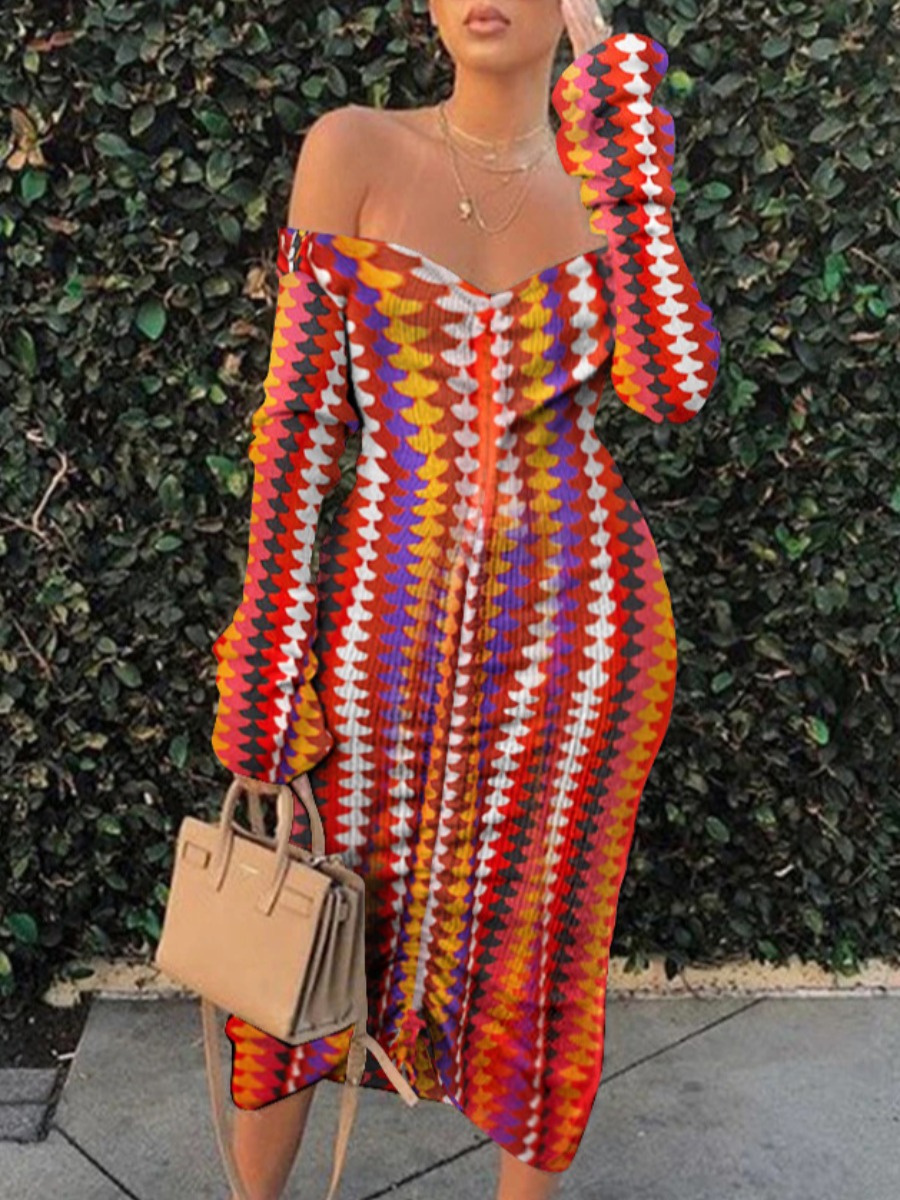 

Lovely Street Off The Shoulder Geometric Print Drawstring Red Mid Calf Dress