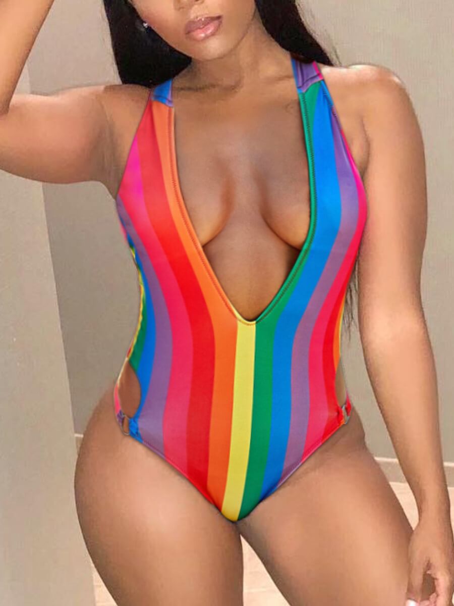 

LW Bohemian Deep V Neck Striped Hollow-out Multicolor One-piece Swimsuit, Multi