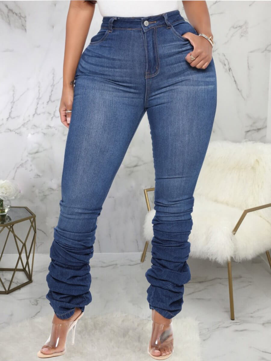 

Lovely Casual High-waisted Fold Design Deep Blue Jeans