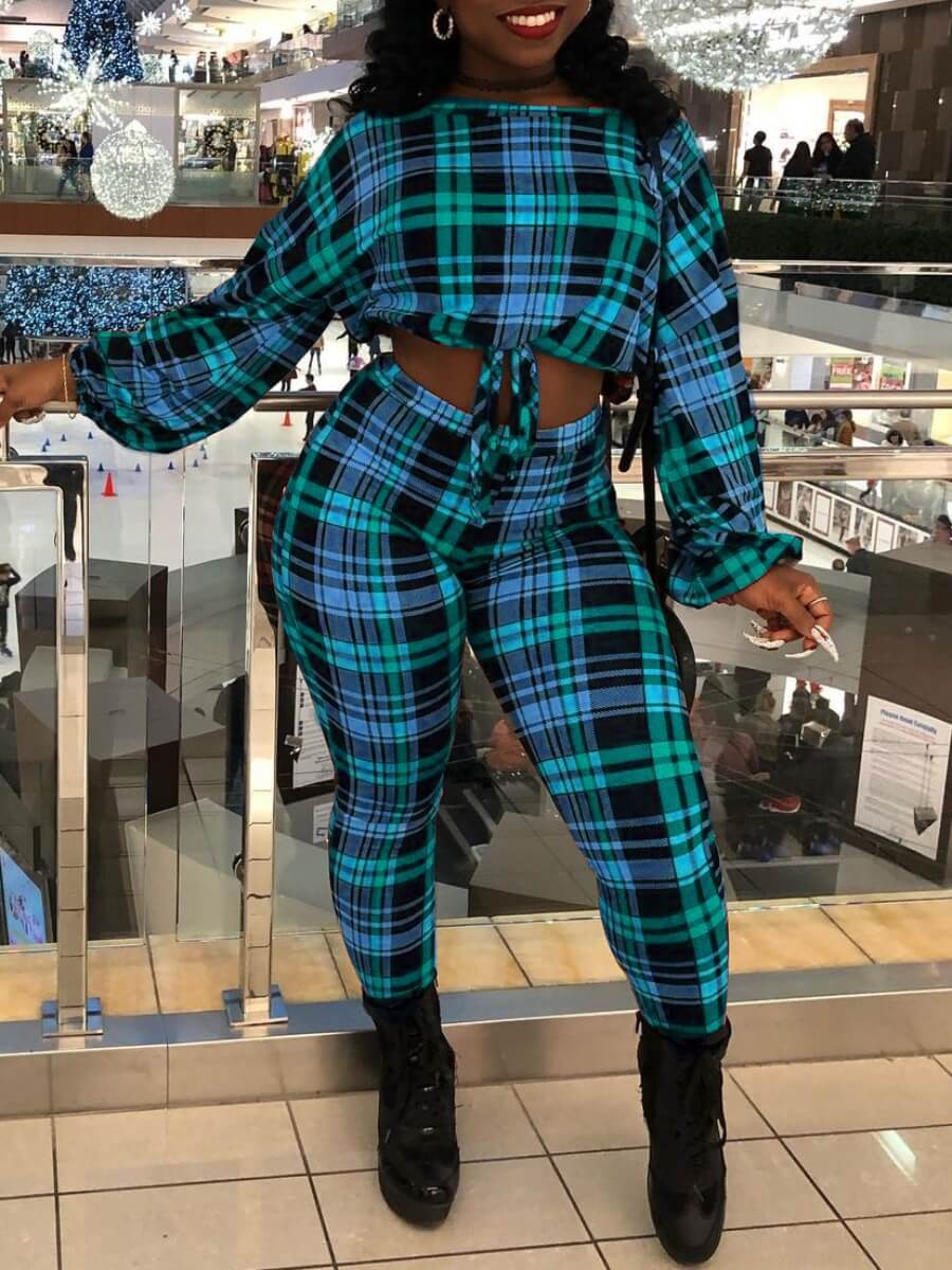 

Lovely Casual O Neck Plaid Print Blue Two Piece Pants Set