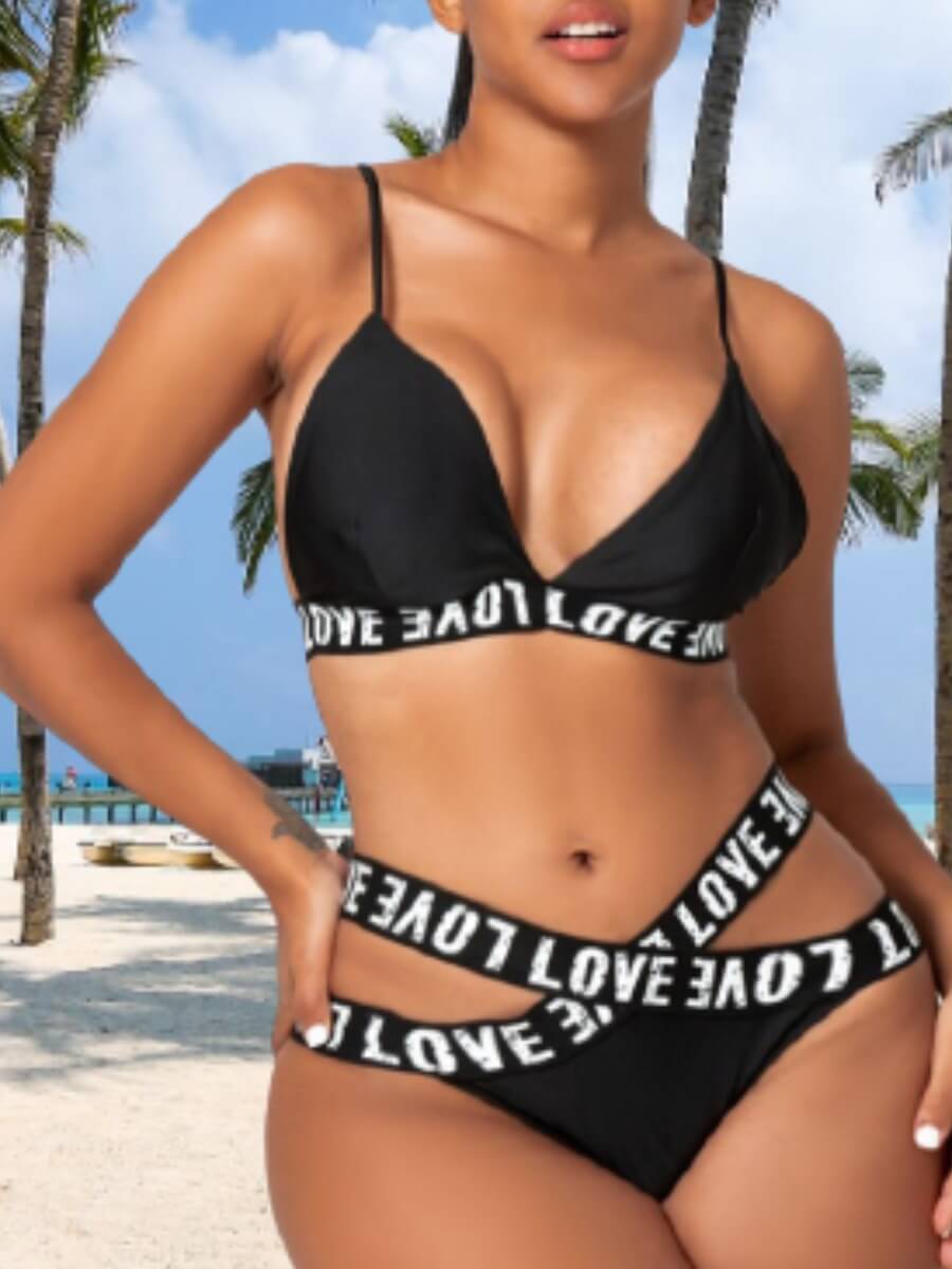 

Lovely Sexy Letter Print Hollow-out Black Two-piece Swimsuit