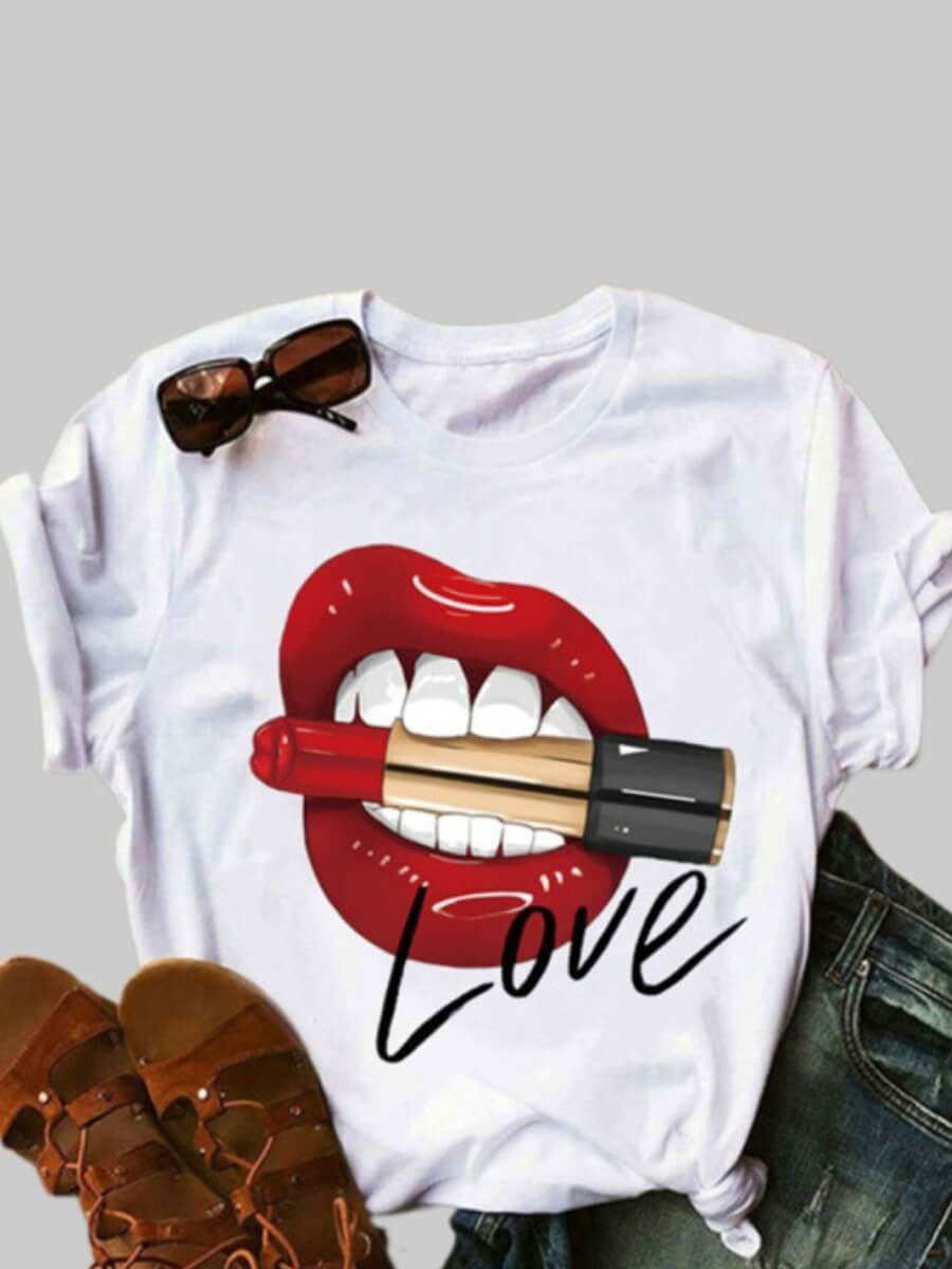 

Lovely Casual O Neck Lip Print White Plus Size T-shirt