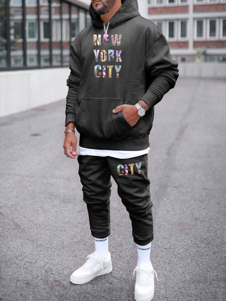 

Lovely Casual Hooded Collar Letter Print Black Men Two Piece Pants Set