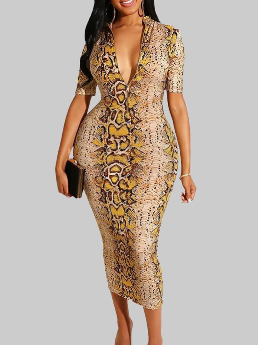 

Lovely Street Cobra Print Zipper Design Mid Calf Dress