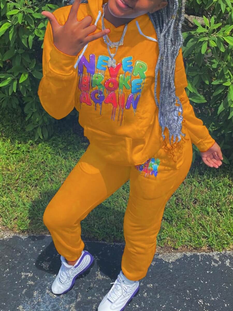 

Lovely Casual Hooded Collar Letter Print Orange Plus Size Two-piece Pants Set