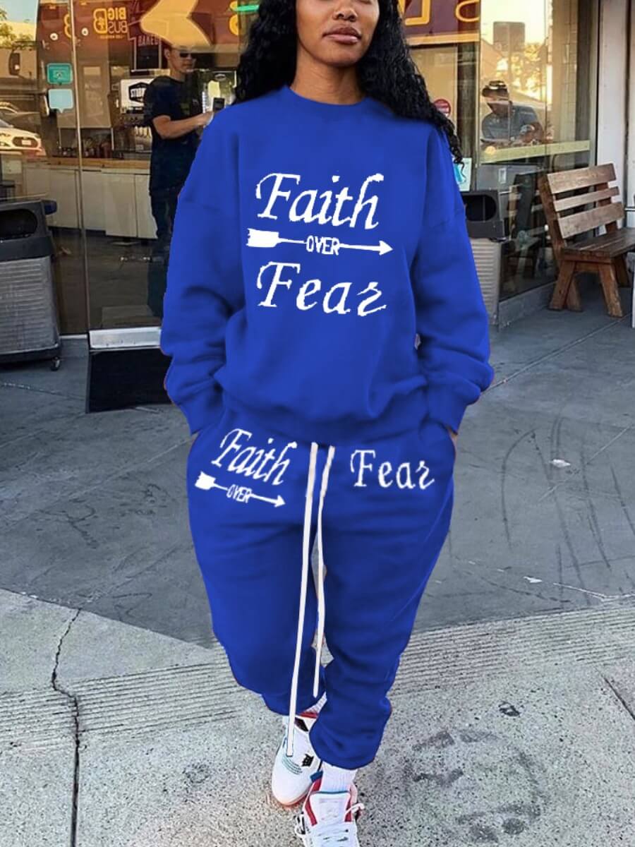 

Lovely Casual O Neck Letter Print Blue Plus Size Two-piece Pants Set