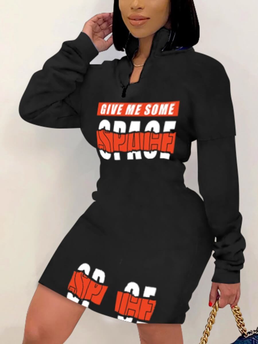 

Lovely Sportswear Letter Print Patchwork Black Knee Length Dress