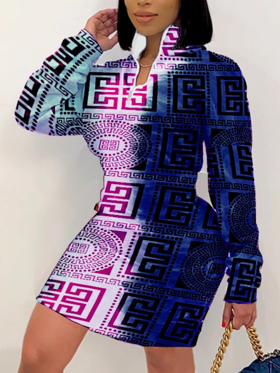 

Lovely Sportswear Geometric Print Patchwork Blue Mini Dress