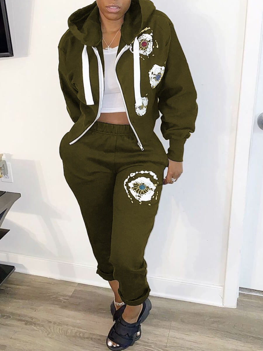 

Lovely Sportswear Hooded Collar Print Army Green Two Piece Pants Set