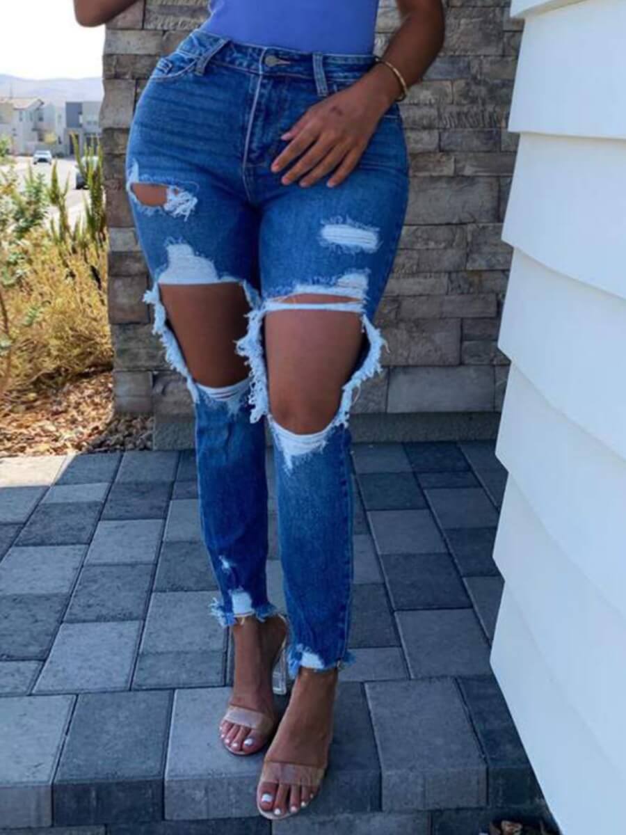 

Lovely Casual Ripped Raw Edge Deep Blue Jeans