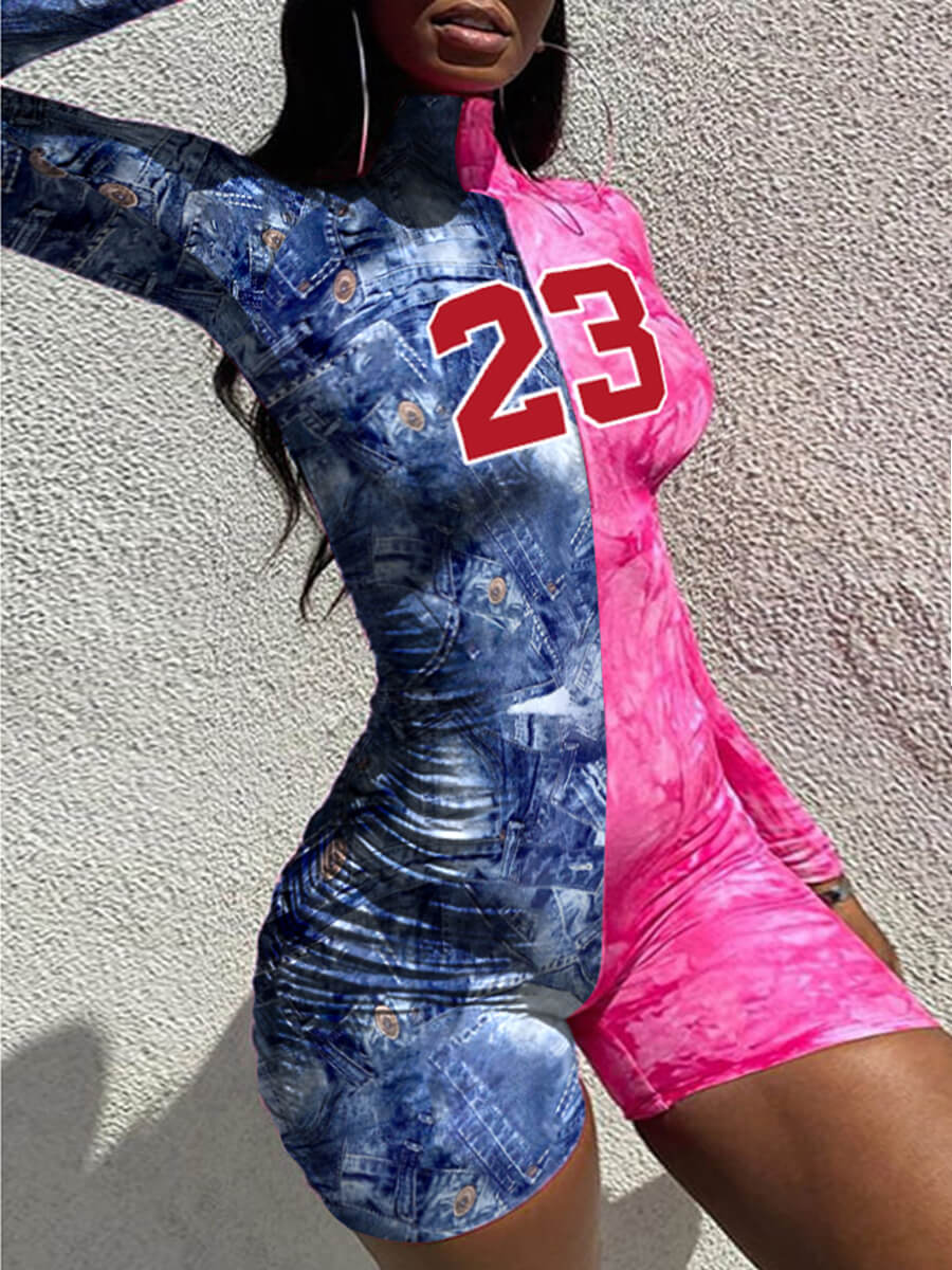 

Lovely Casual Letter Print Tie-dye Patchwork Blue One-piece Romper
