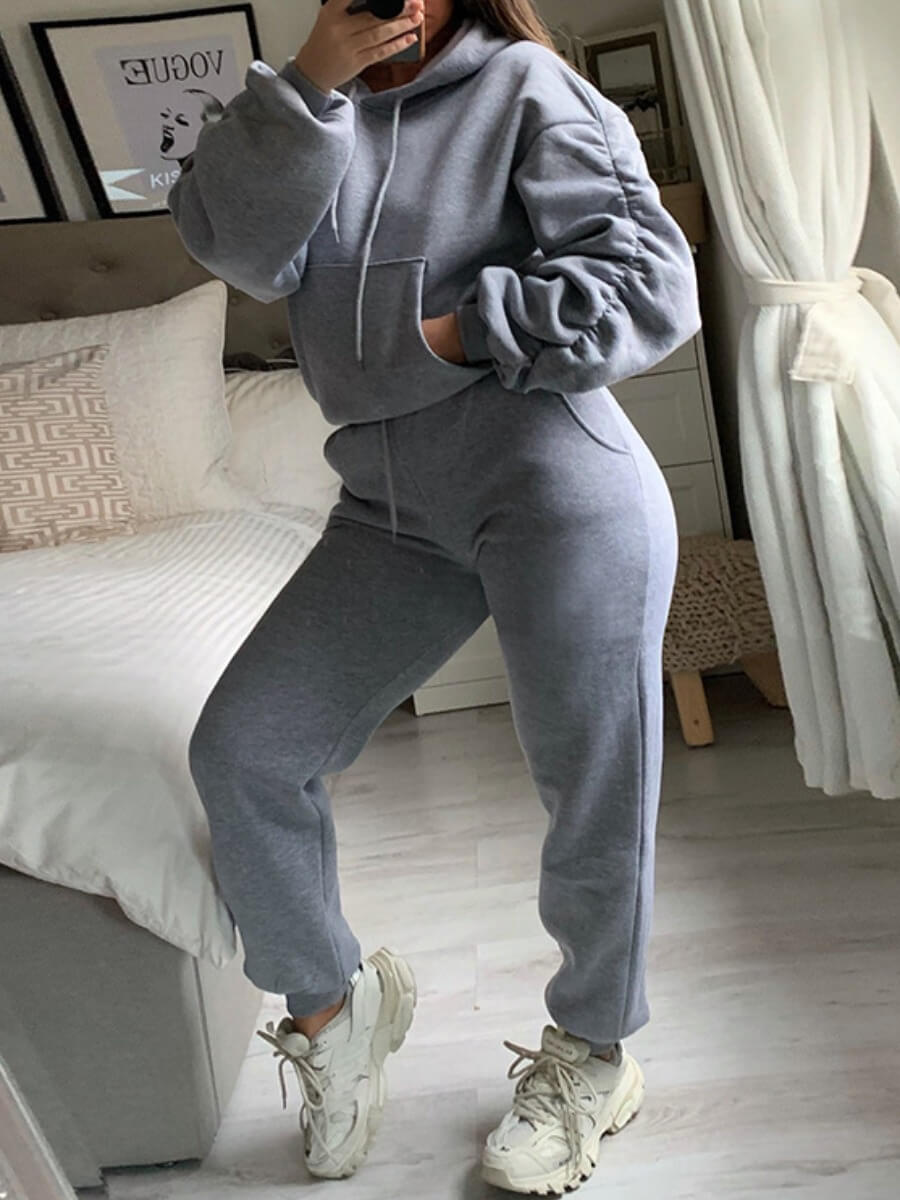 

Lovely Sportswear Dropped Shoulder Fold Design Grey Two Piece Pants Set