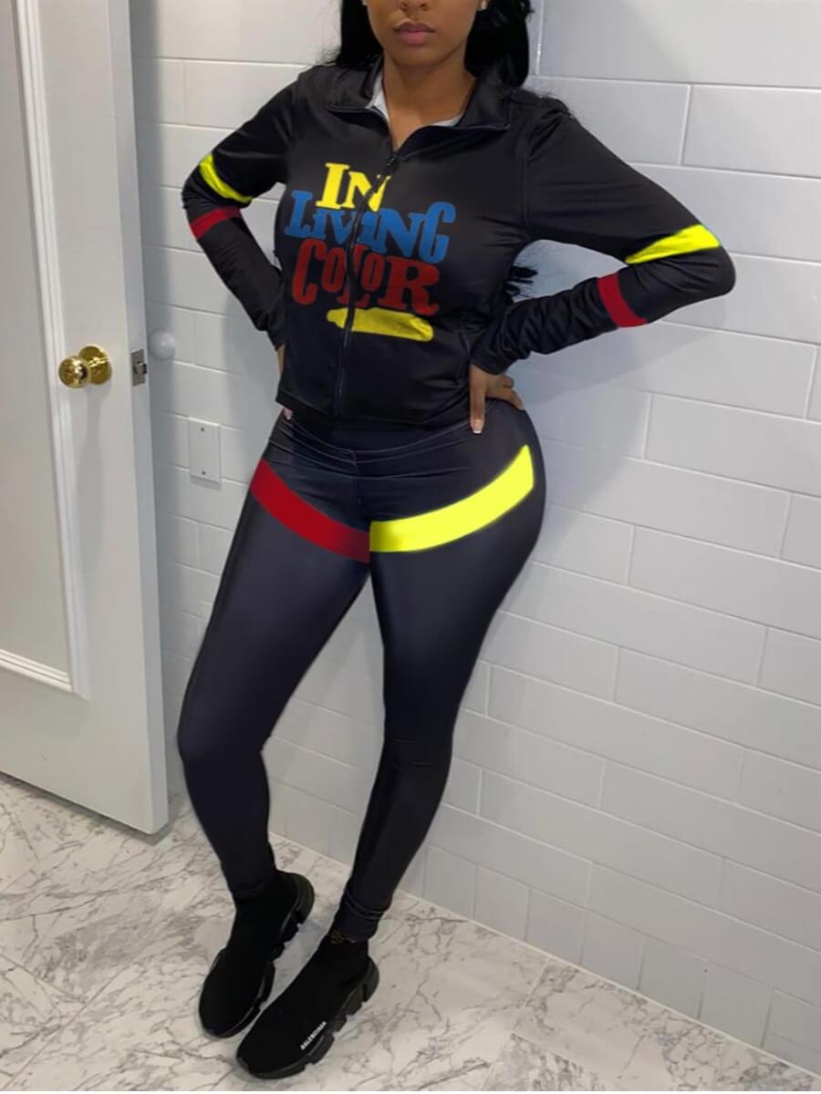 

Lovely Sportswear Letter Print Patchwork Black Two Piece Pants Set