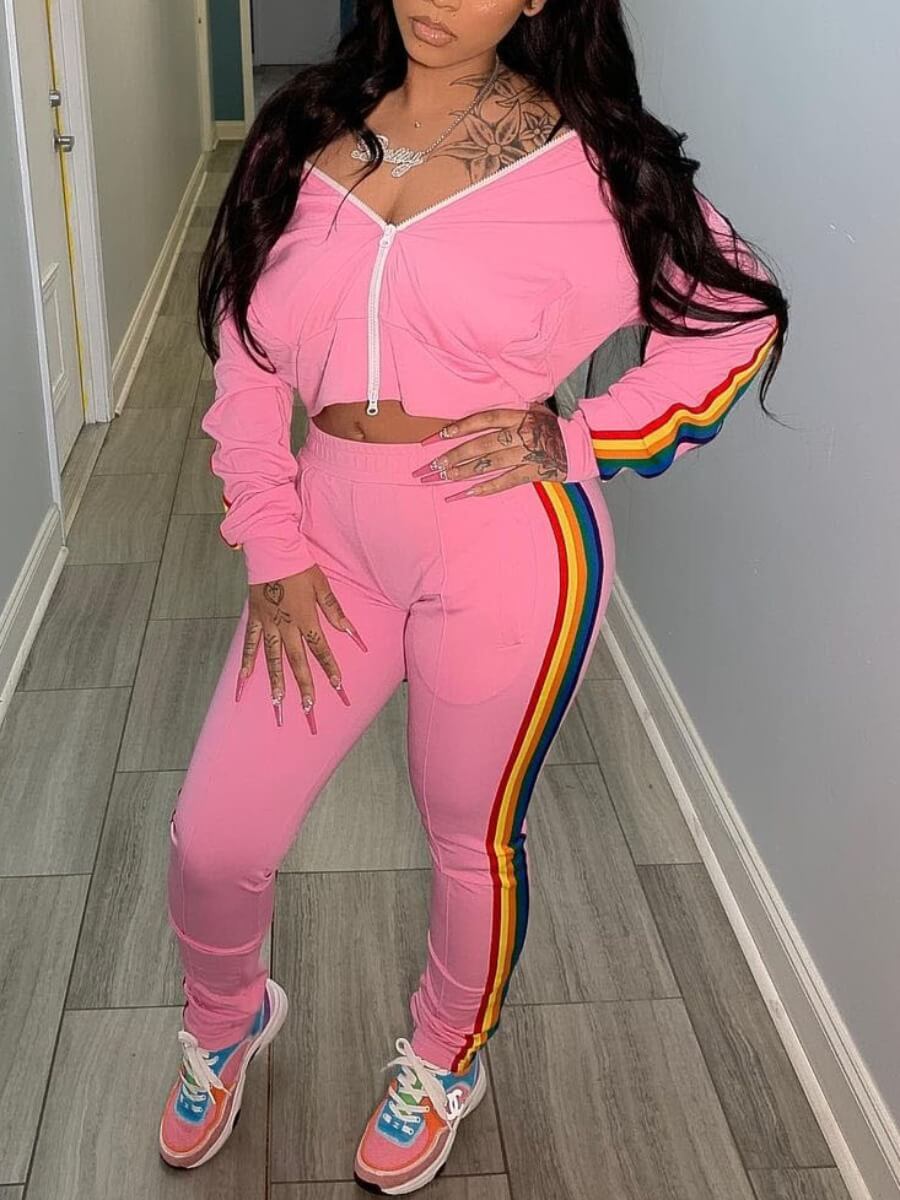 

Lovely Casual Rainbow Striped Zipper Design Pink Two Piece Pants Set