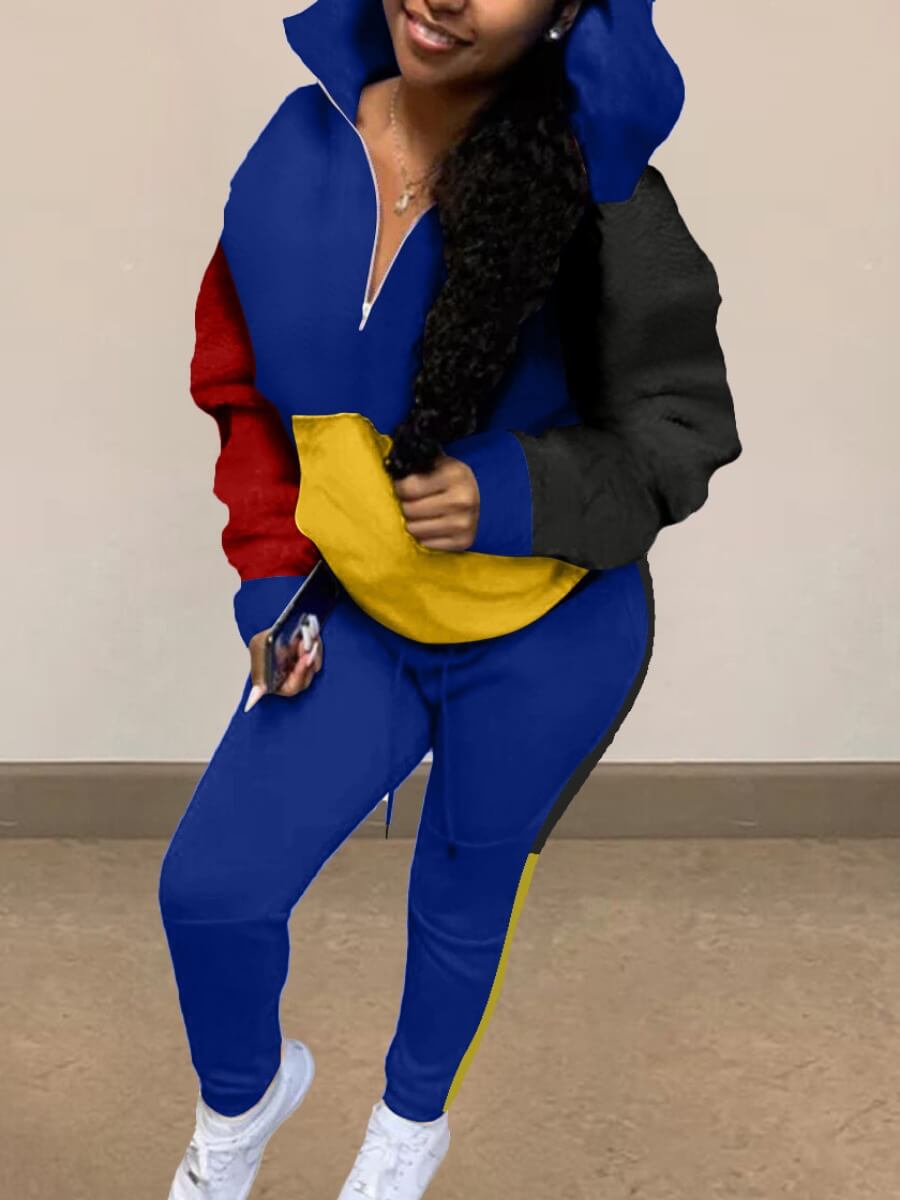 

Lovely Trendy Hooded Collar Color-lump Patchwork Royalblue Two Piece Pants Set