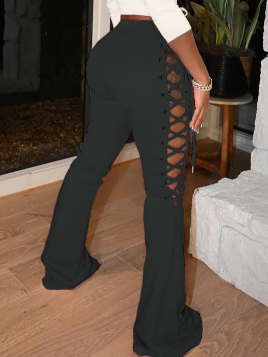 

Lovely Chic Flared Bandage Hollow-out Design Black Pants
