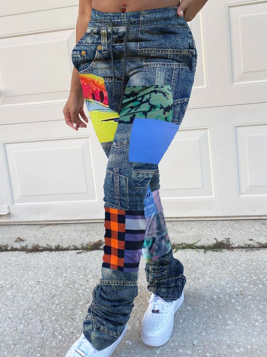 

Lovely Street Plaid Print Patchwork Blue Pants