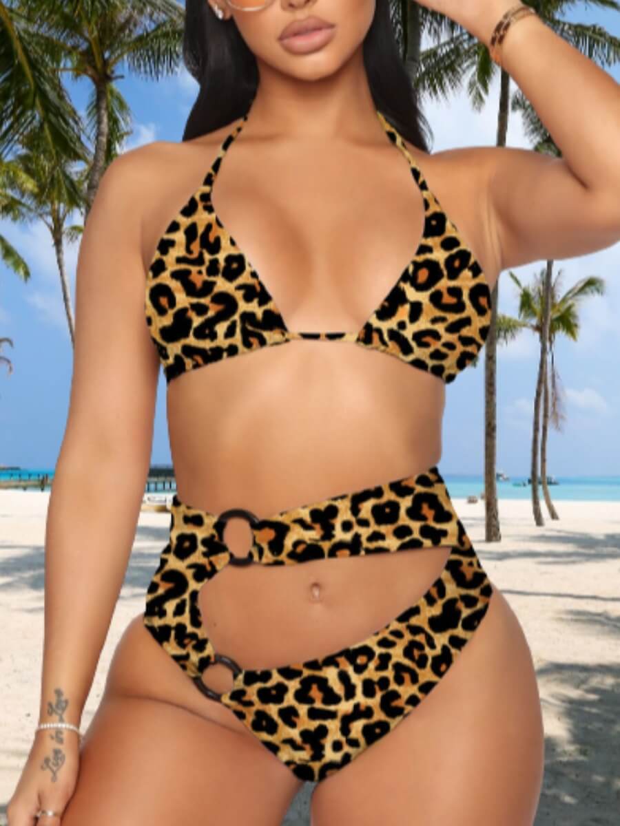 

Lovely Casual Leopard Print Hollow-out Two-piece Swimsuit