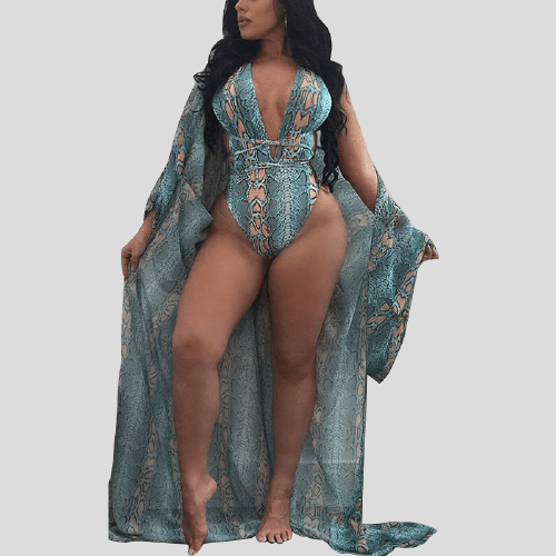 Lovely Casual Lace-up Print Patchwork Green One-piece Swimsuit(Without Veil)