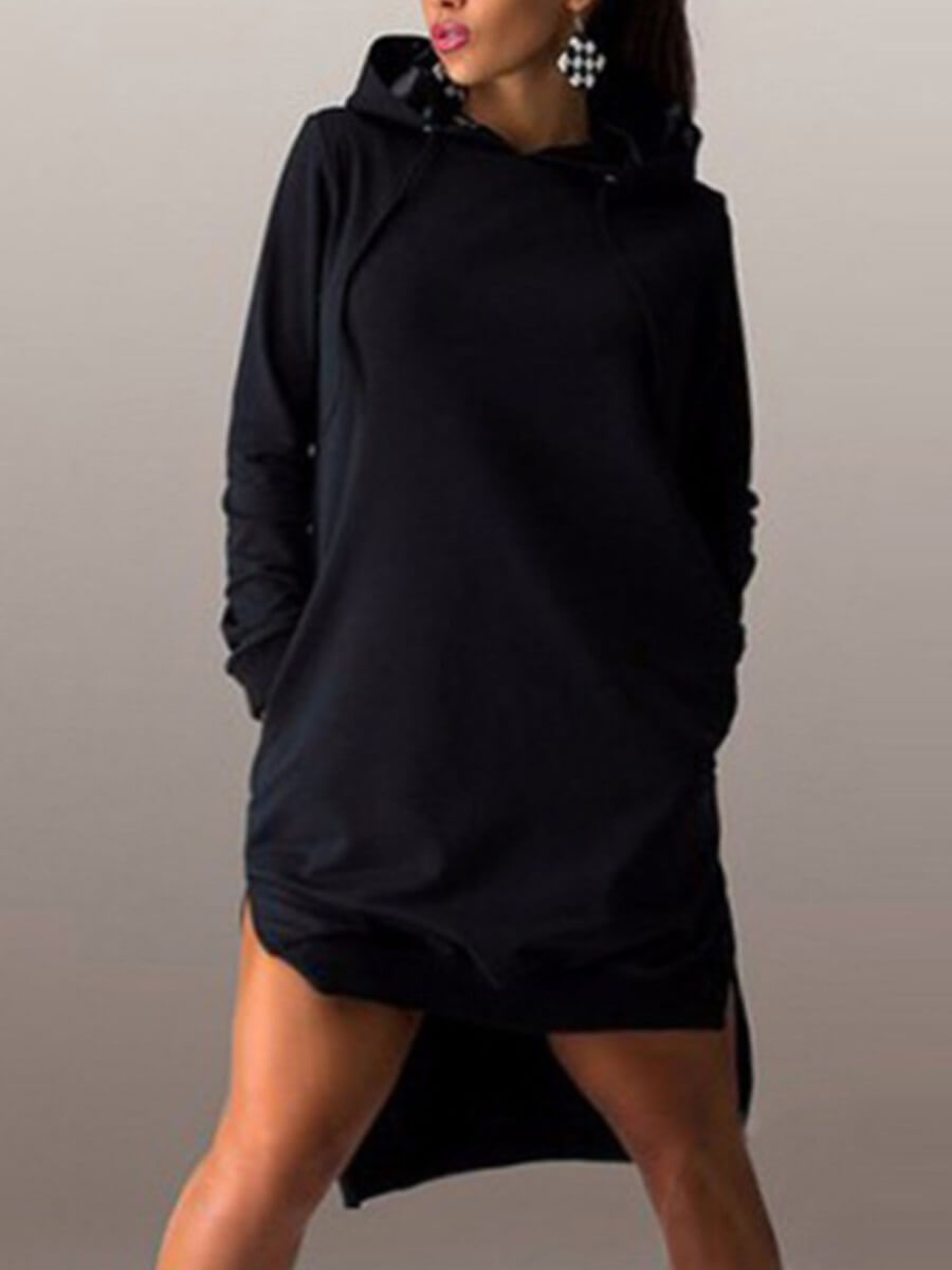 

Lovely Casual Hooded Collar Pocket Design Black Knee Length Plus Size Dress