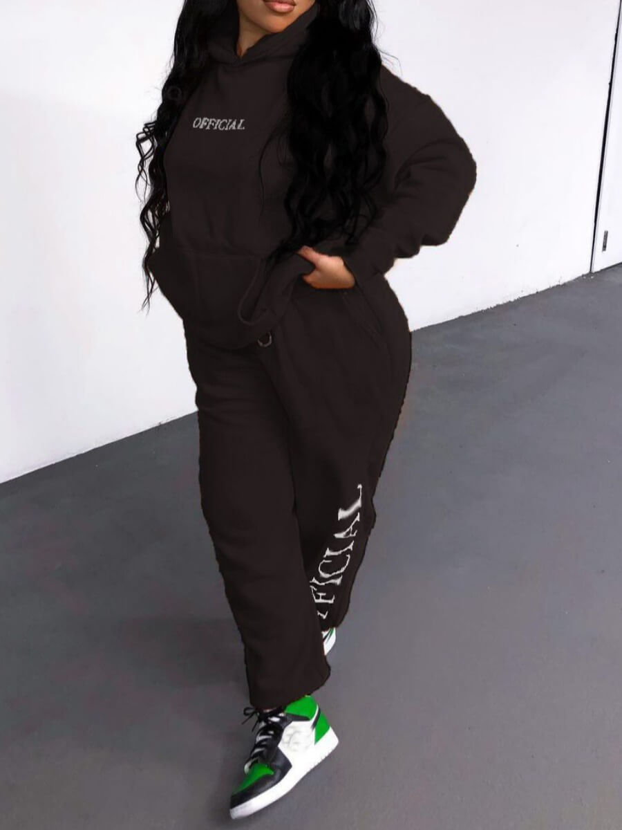 

Lovely Casual Letter Print Kangaroo Pocket Black Two Piece Pants Set