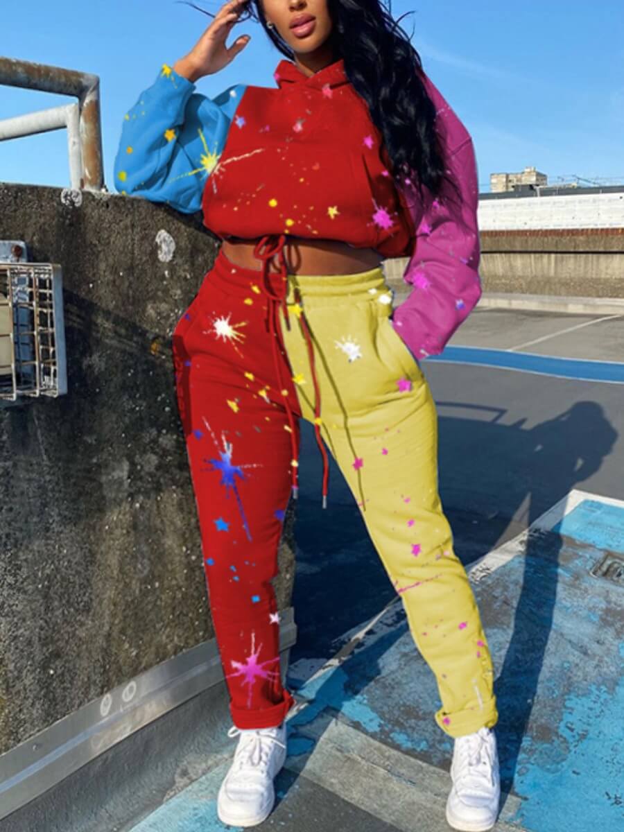

Lovely Street Tie Dye Color-lump Patchwork Wine Red Two Piece Pants Set