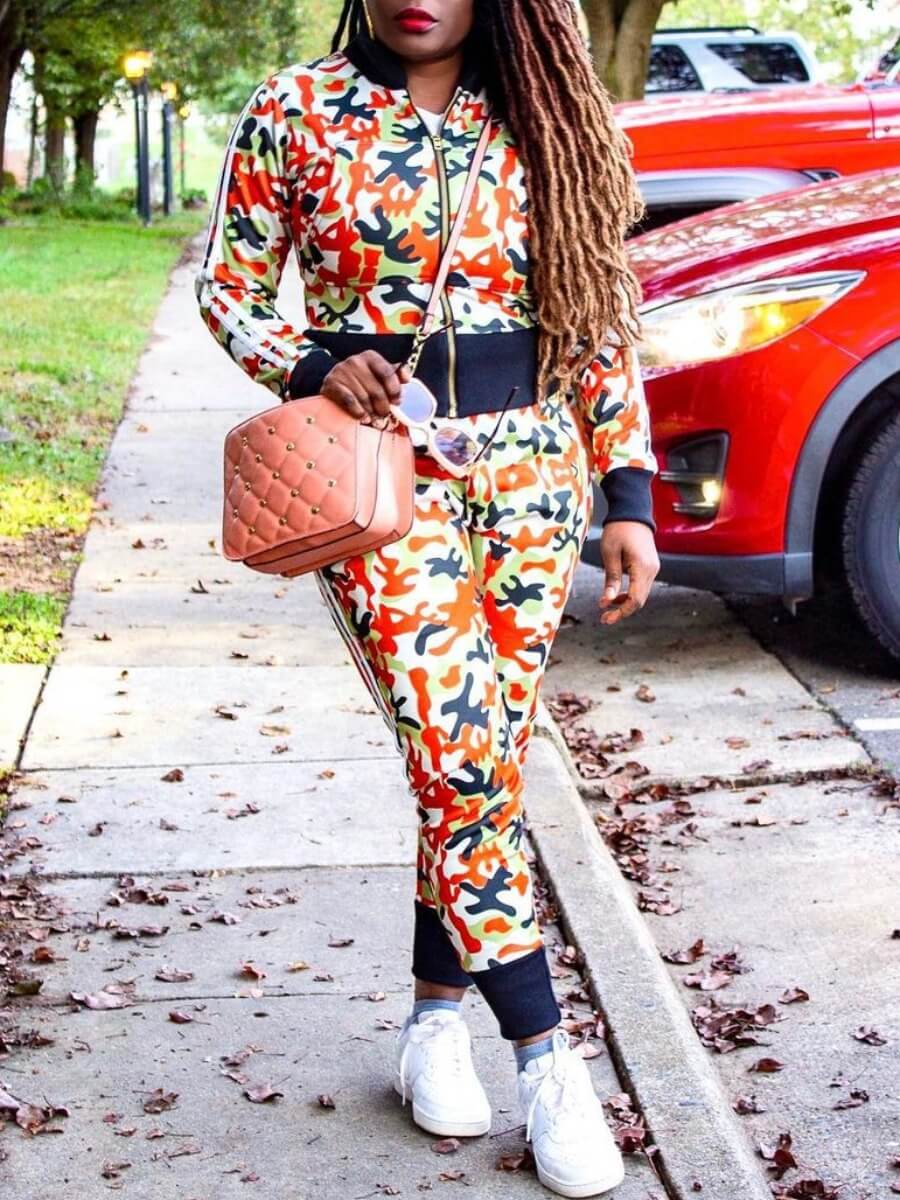 

Lovely Sportswear Striped Camo Print Croci Two Piece Pants Set