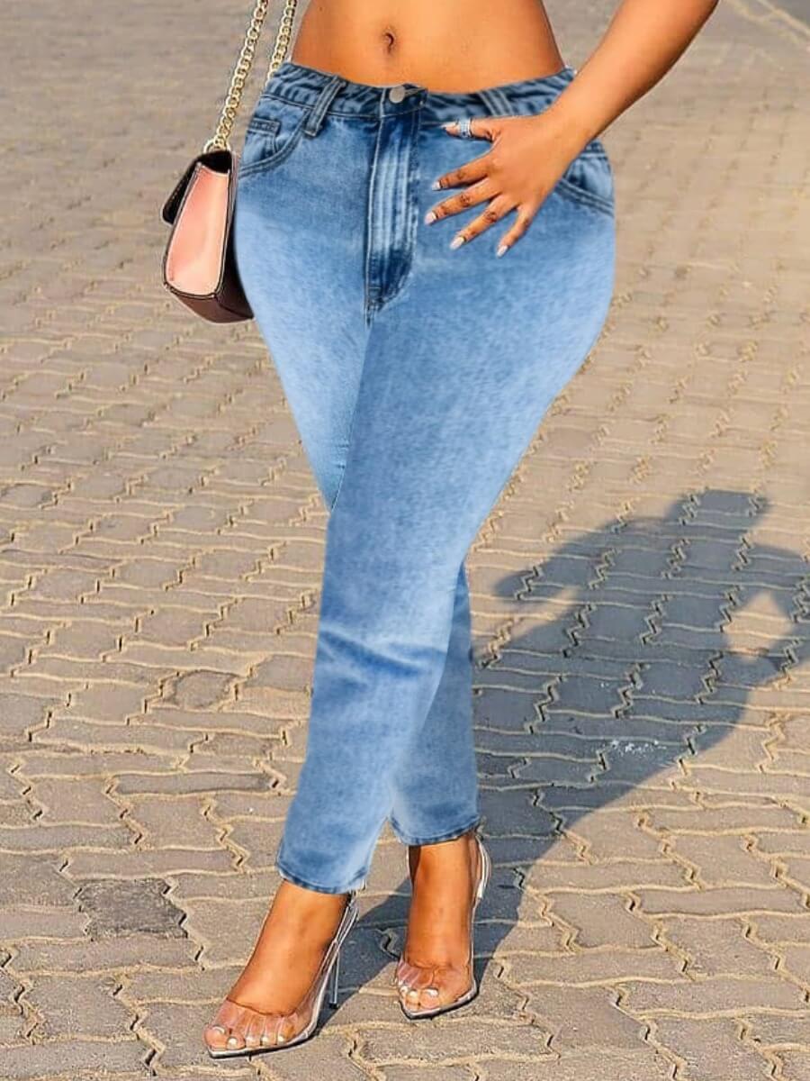 

Lovely Casual Mid Waist Nonelastic Baby Blue Jeans