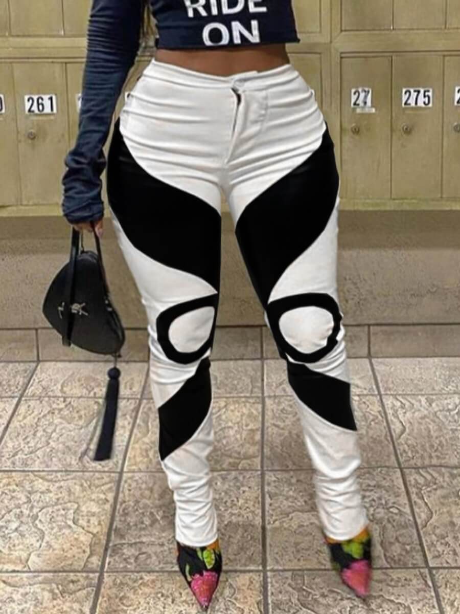 

Lovely Street Mid Waist Color-lump Patchwork White Pants