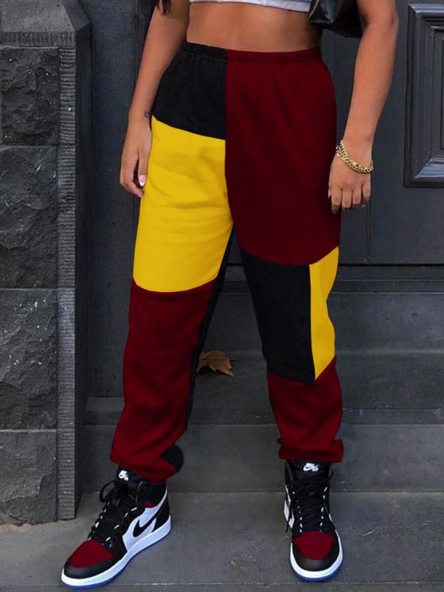 

Lovely Street Color-lump Patchwork Wine Red Pants