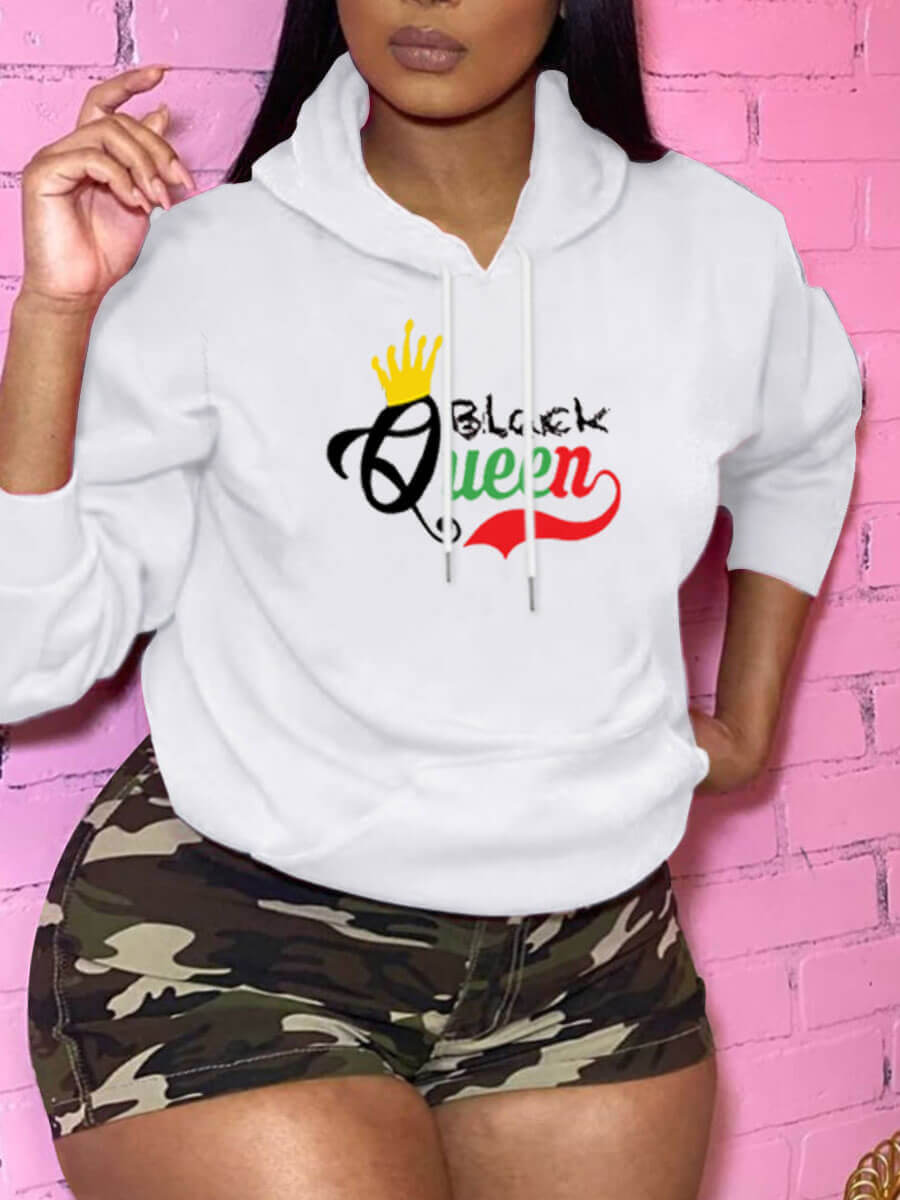 

Lovely Street Letter Print Kangaroo Pocket White Plus Size Hoodie