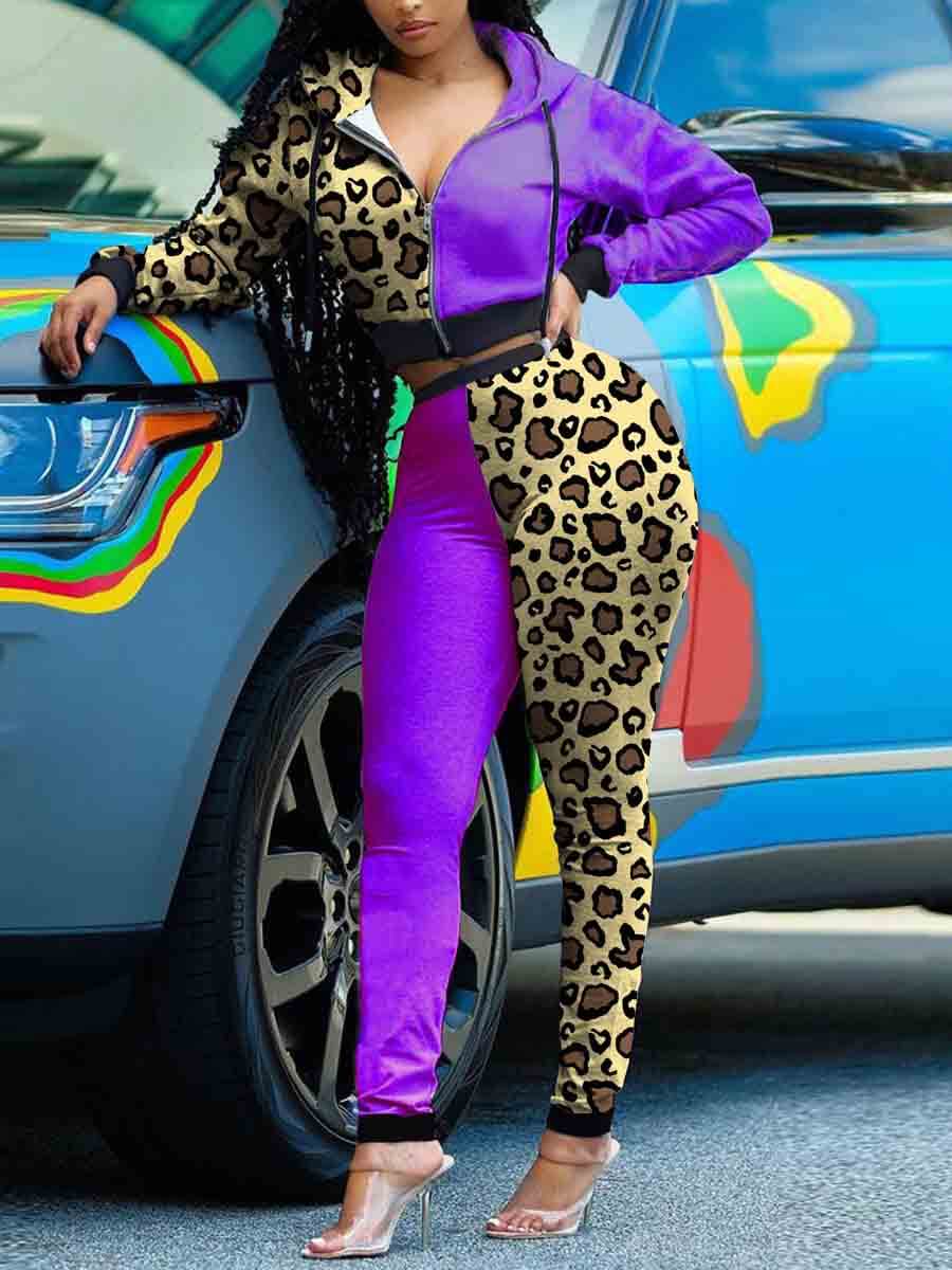 

Lovely Casual Leopard Print Patchwork Purple Two Piece Pants Set