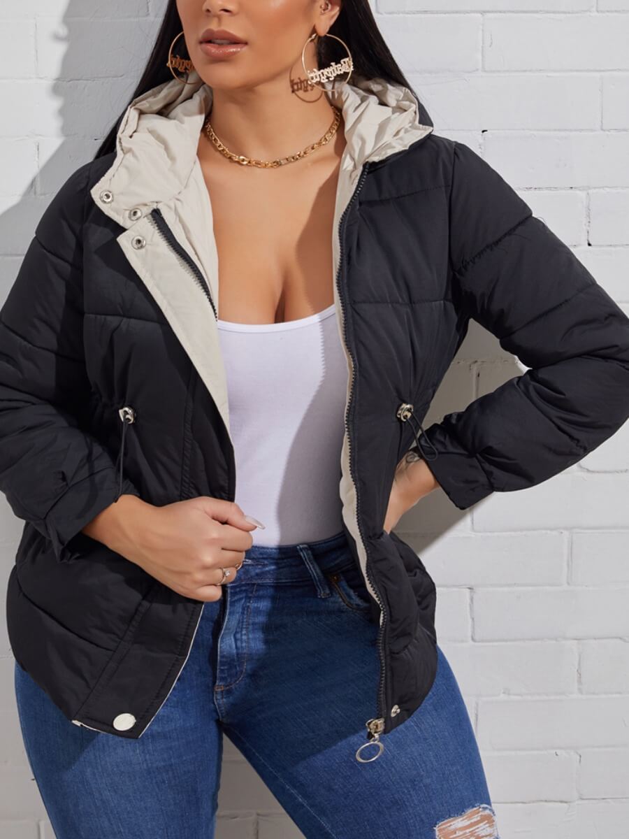 

Lovely Trendy Hooded Collar Drawstring Black Parka