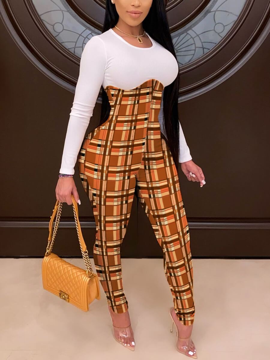 

Lovely Casual U Neck Plaid Print Patchwork Yellow One-piece Jumpsuit