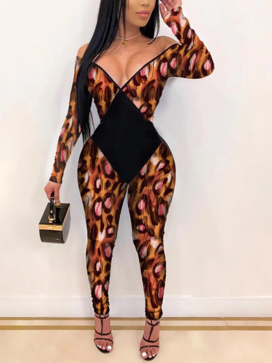 

Lovely Sexy V Neck Leopard Print Patchwork Black One-piece Jumpsuit
