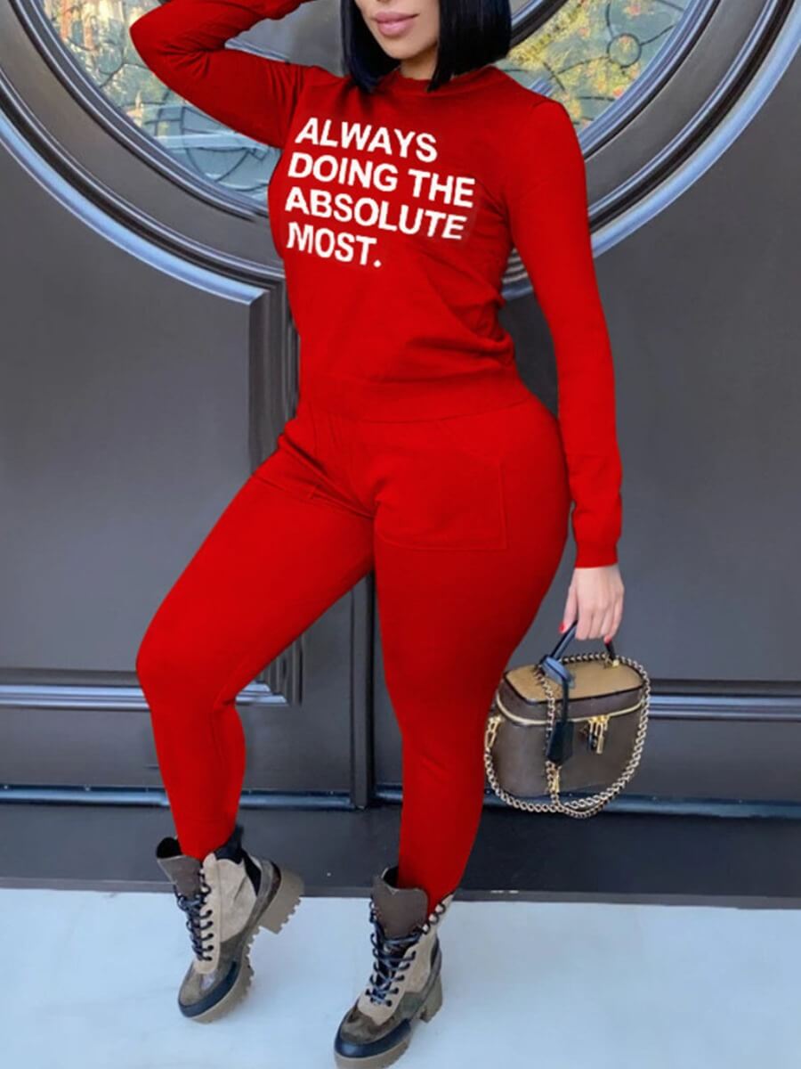 

Lovely Trendy O Neck Letter Print Red Plus Size Two-piece Pants Set