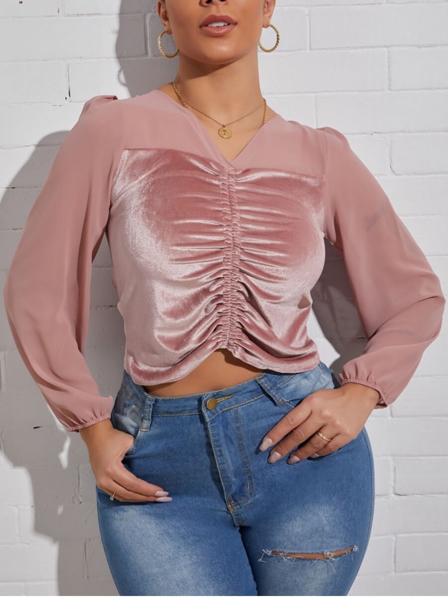 

Lovely Trendy Ruffle Bandage Hollow-out Design Pink Blouse