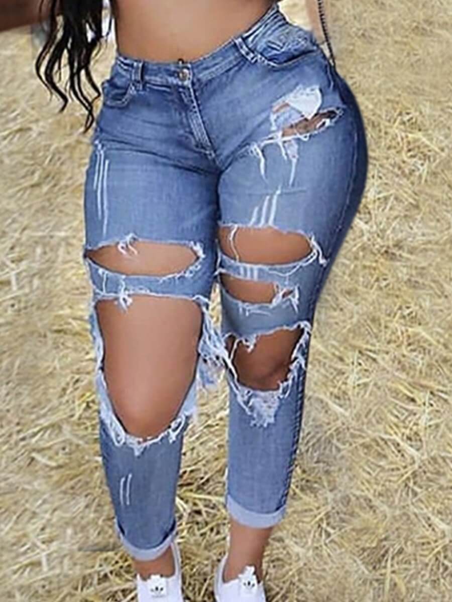

Lovely Plus Size Street High-waisted Ripped Blue Jeans