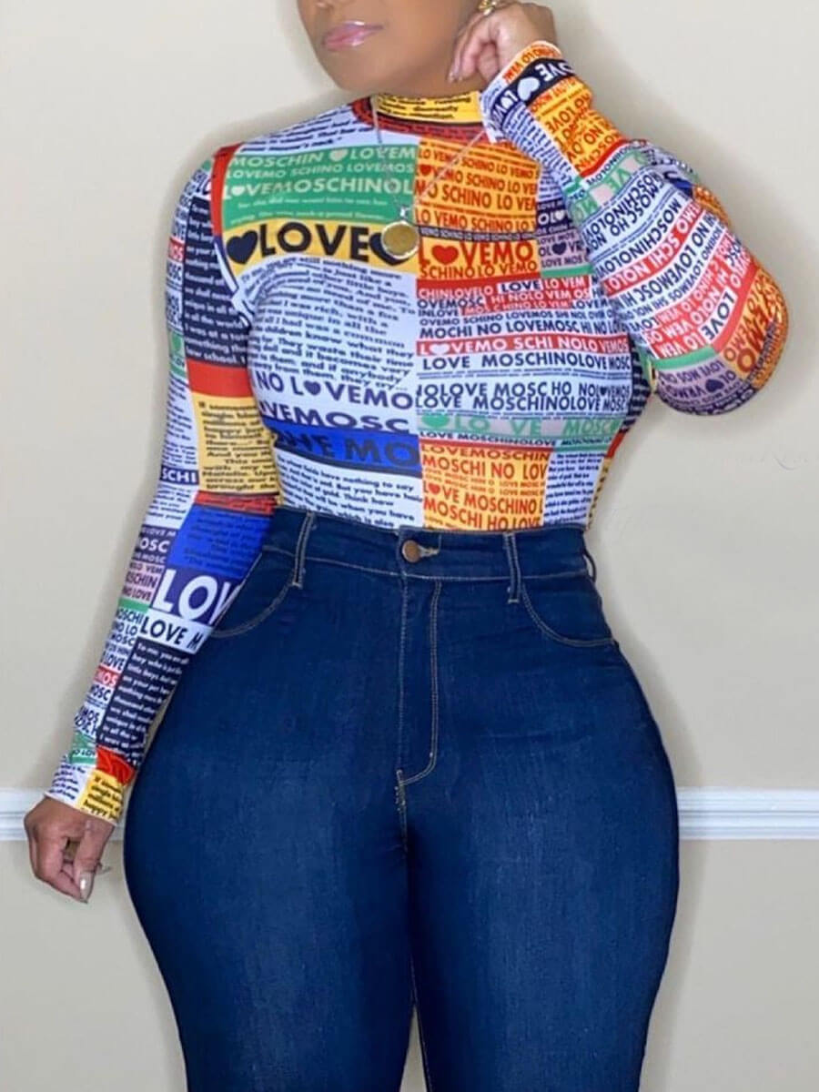 

Lovely Sweet Half A Turtleneck Letter Print Patchwork Multicolor T-shirt, Multi