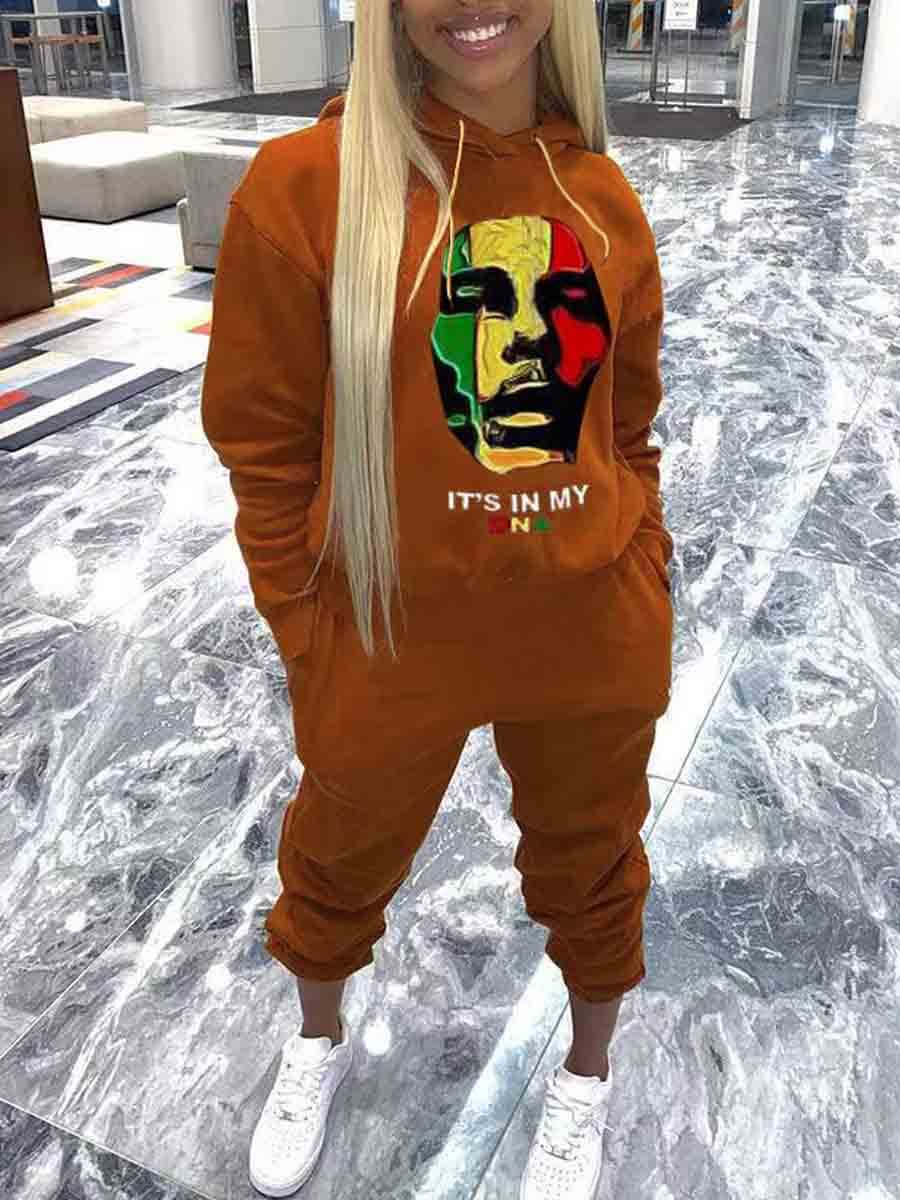 

Lovely Trendy Letter Face Print Patchwork Yellow Two Piece Pants Set