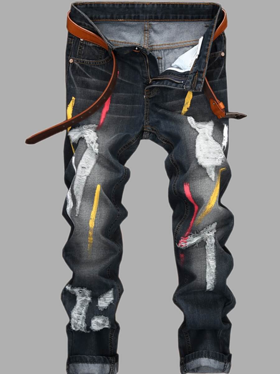 

Lovely Casual Graffiti Print Broken Holes Blue Men Jeans