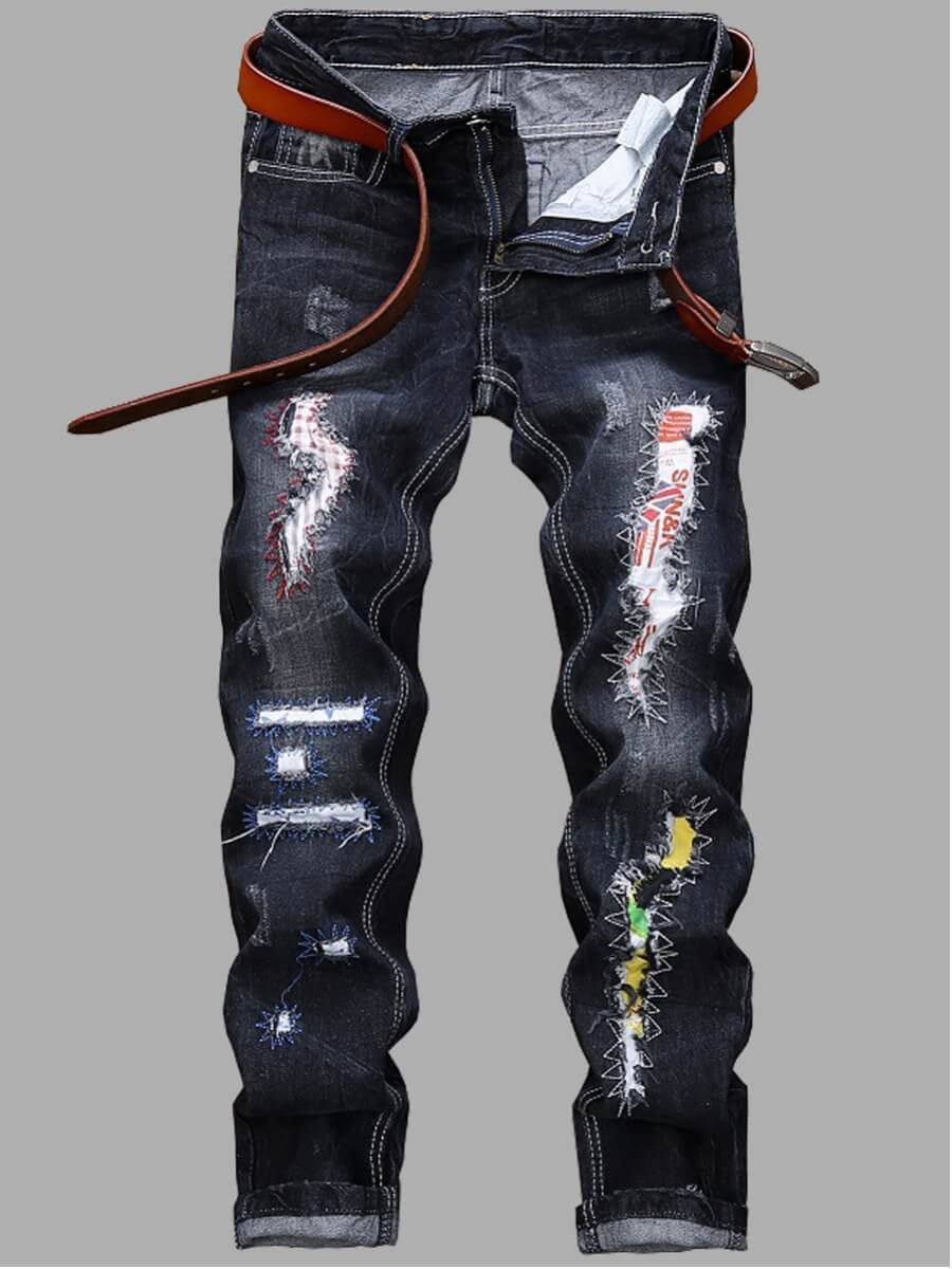 

Lovely Trendy Color-lump Patchwork Deep Blue Men Jeans