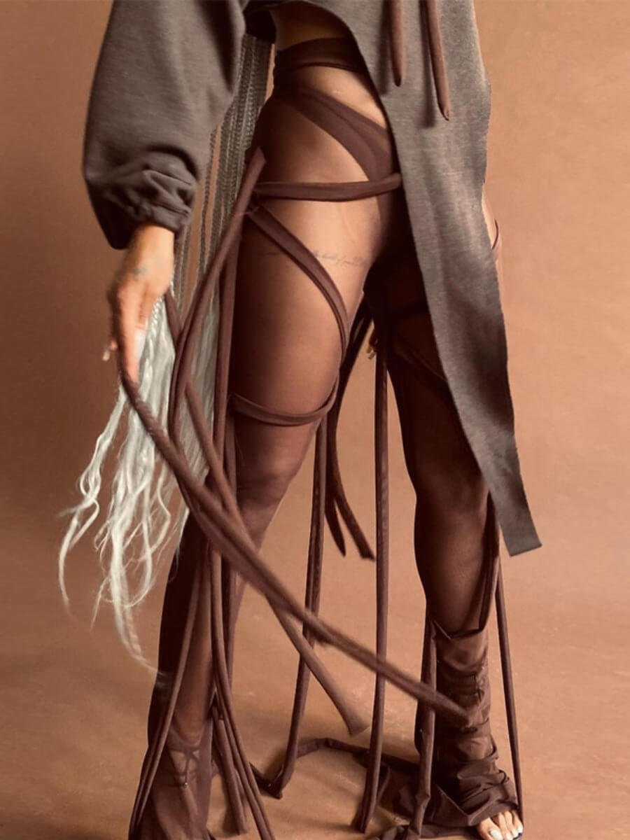 

Lovely Stylish Strap See-through Coffee Pants