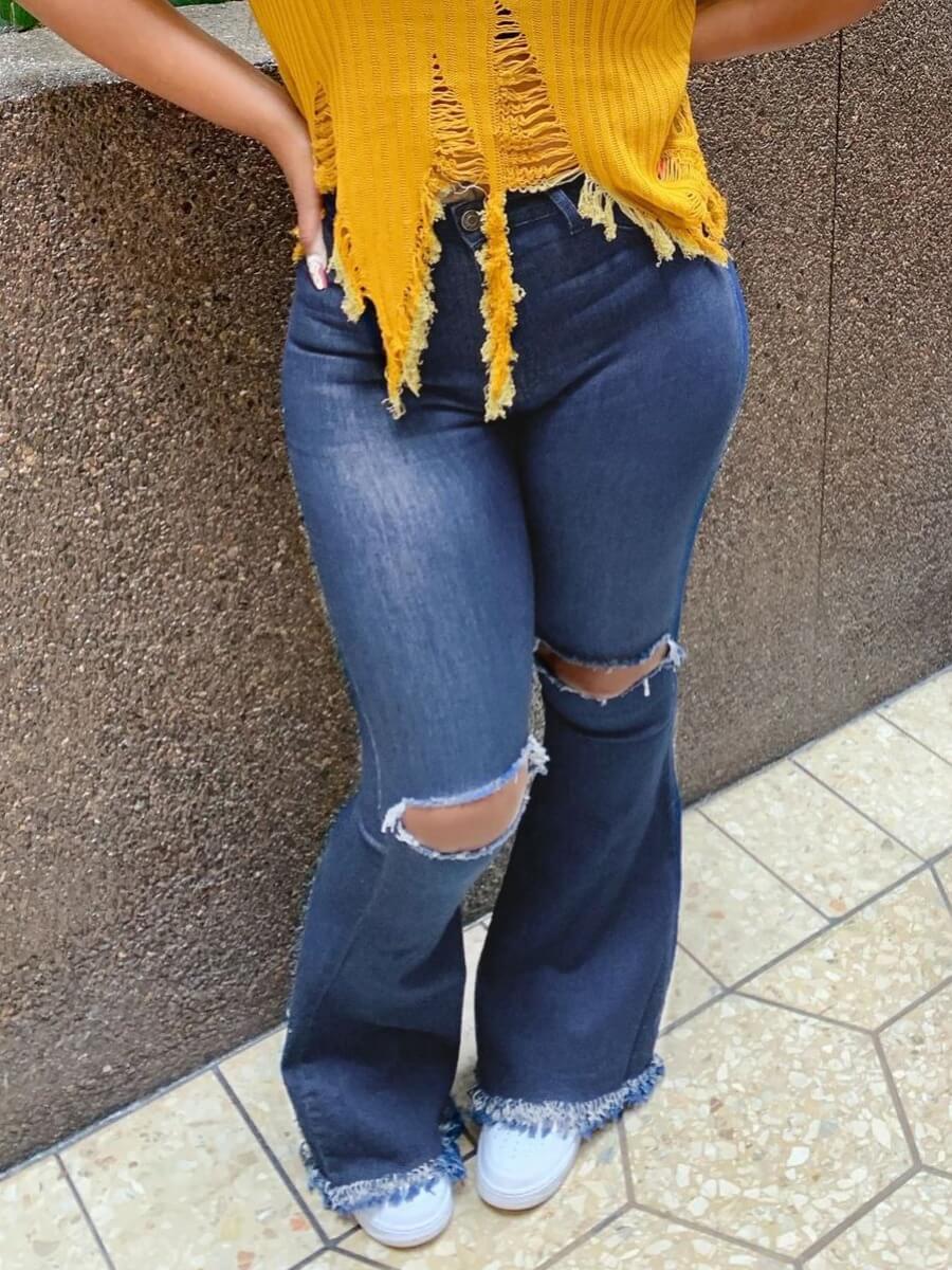 

Lovely Street High-waisted Ripped Design Blue Jeans