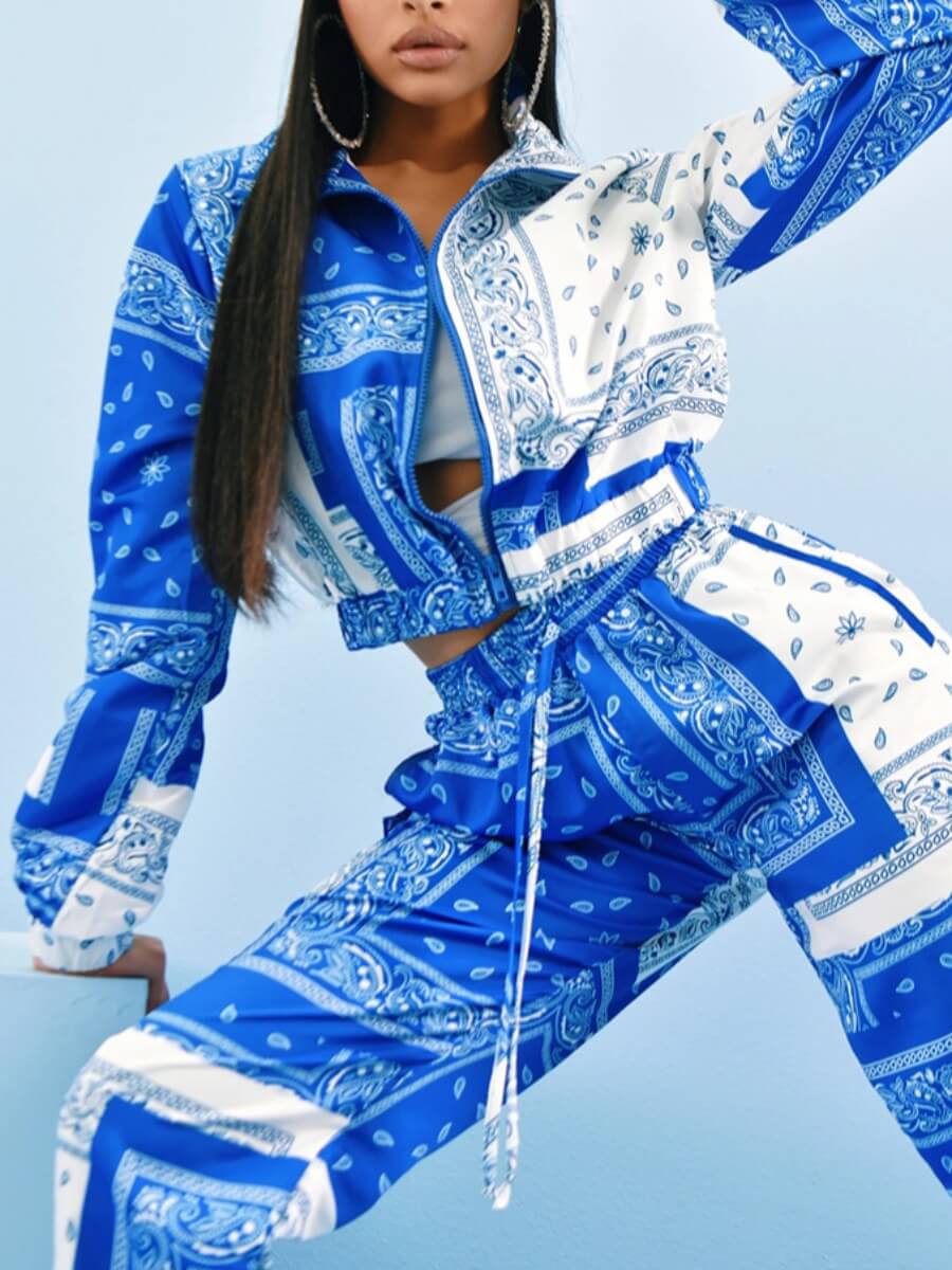 

Lovely Casual Turndown Collar Print Patchwork Blue Two Piece Pants Set