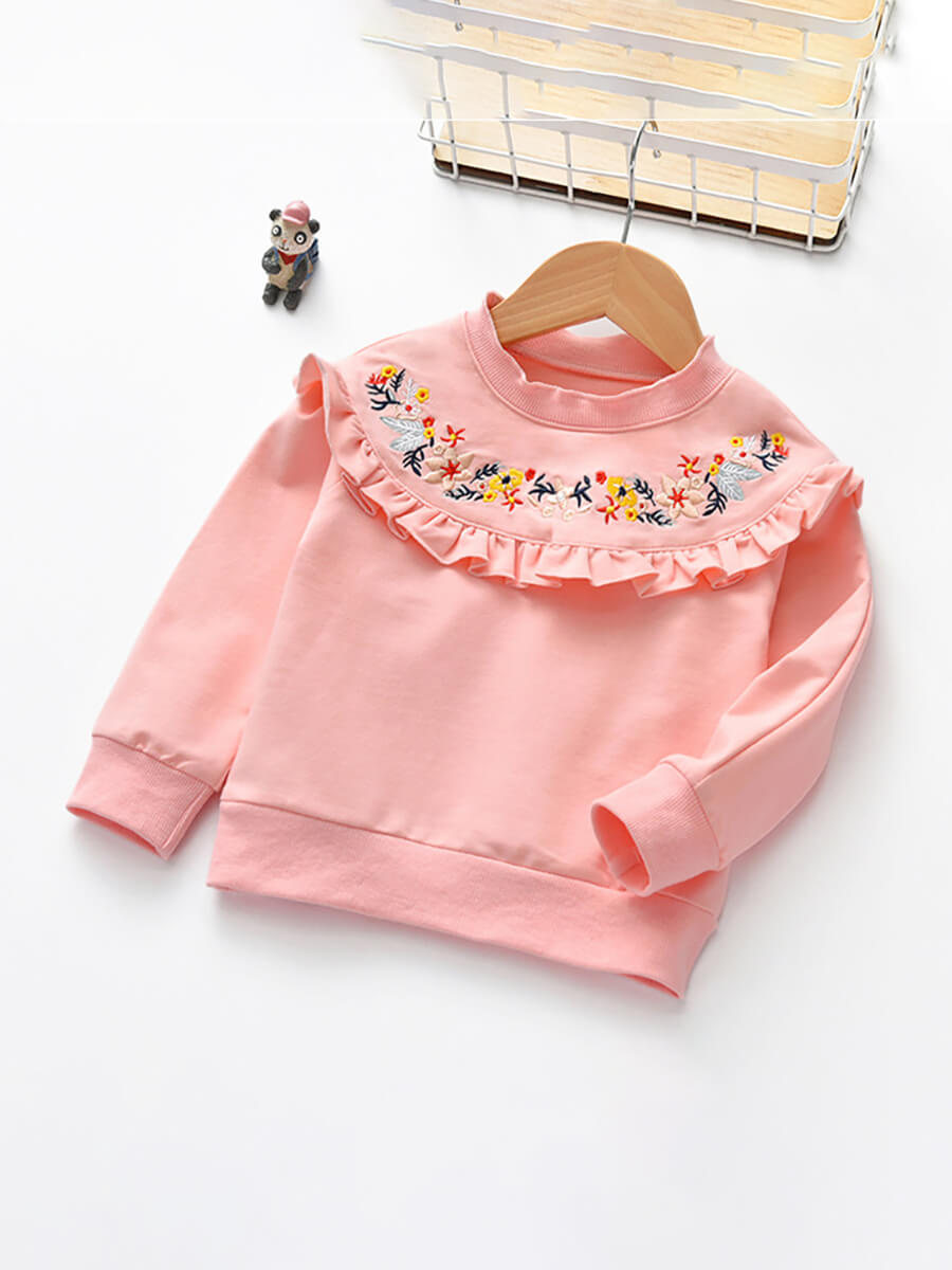 

Lovely Sweet O Neck Floral Print Ruffle Design Pink Girl Hoodie